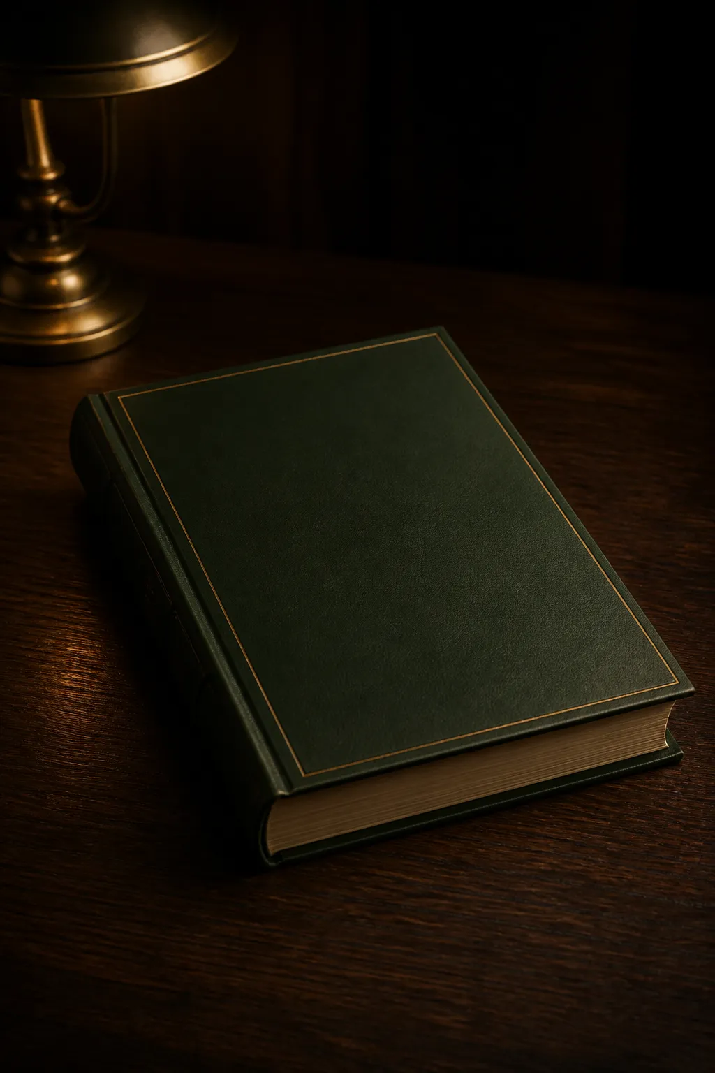 Premium hardcover book on a dark oak desk in warm lamplight representing a published legacy
