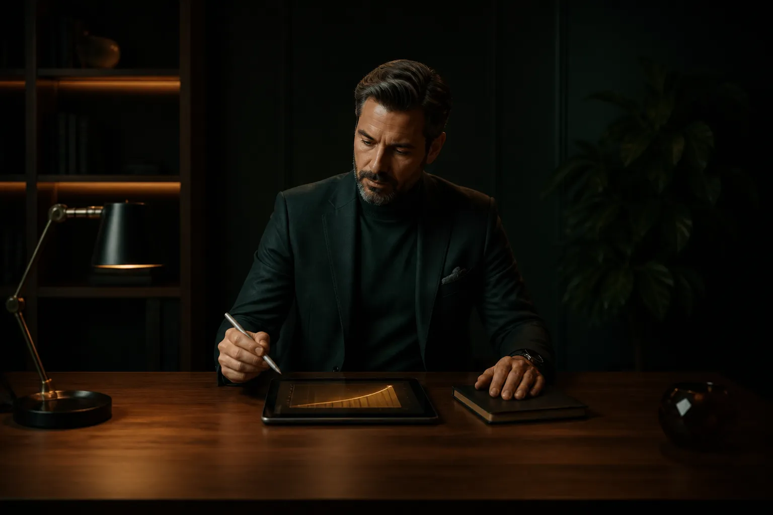 Professional reviewing AI-driven content performance on a tablet at a dark desk