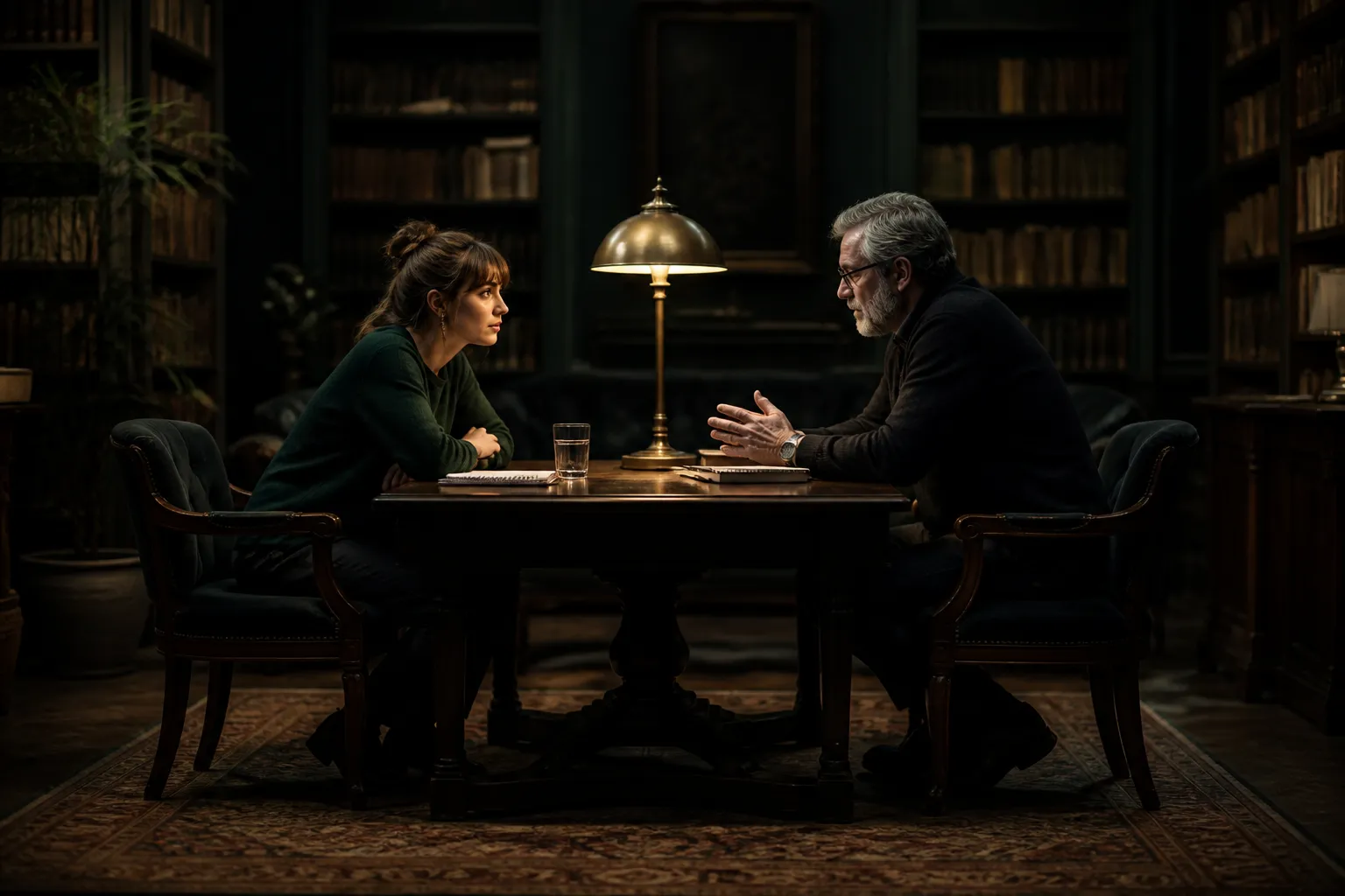 Two people in focused one-to-one consultation at a dark wooden table in warm lamplight