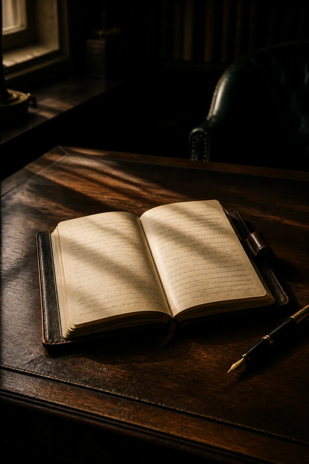 Open leather notebook on a dark desk in warm afternoon light representing expertise made permanent